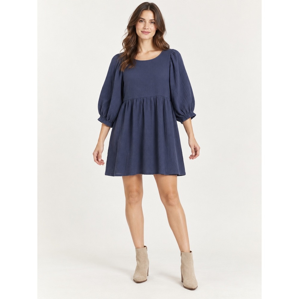 Ee:some Navy Blue Cotton Gauze Puff Sleeve Babydoll Mini Dress L